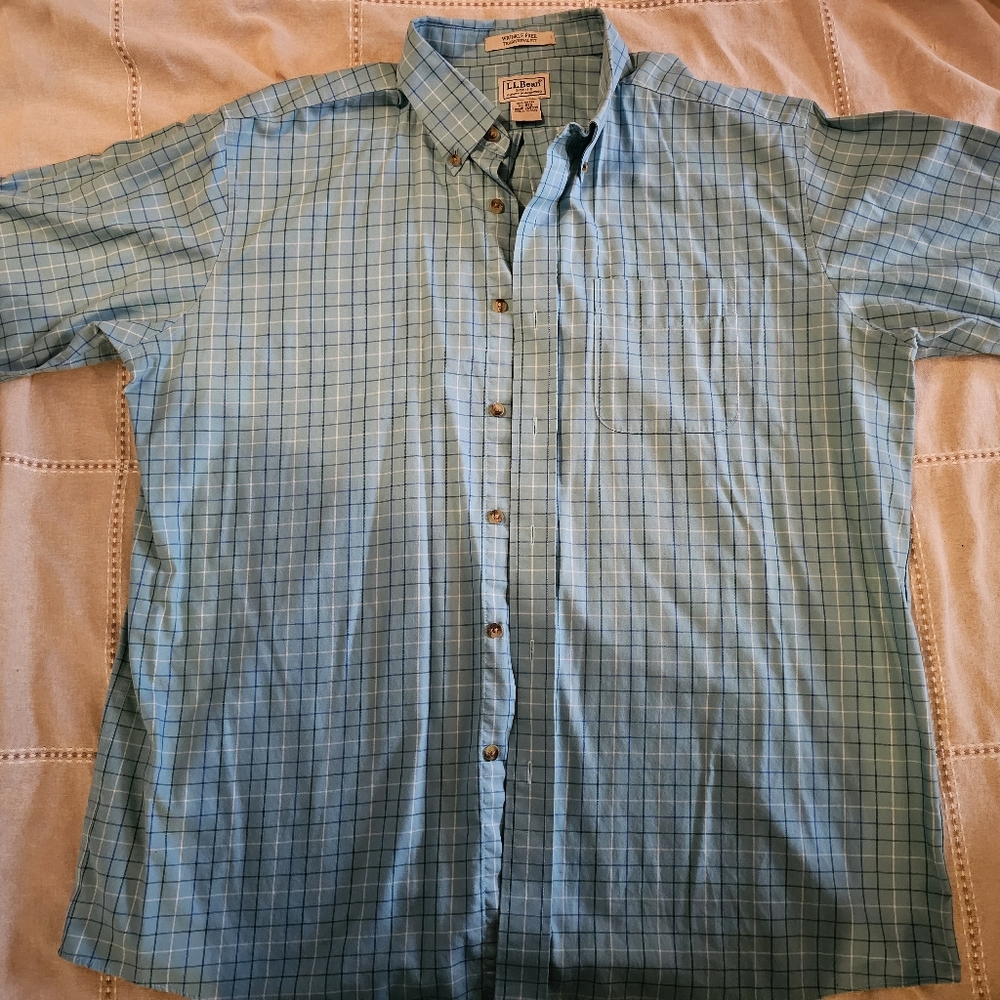 LL Bean Shirt Mens X-Large Aqua Short Sleeve Traditional Fit Wrinkle Resist